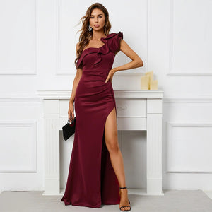 Women Slash Neck Burgundy Evening Dress Ruffles Celebrity Maxi Dress Sexy Slit Long Party Dress