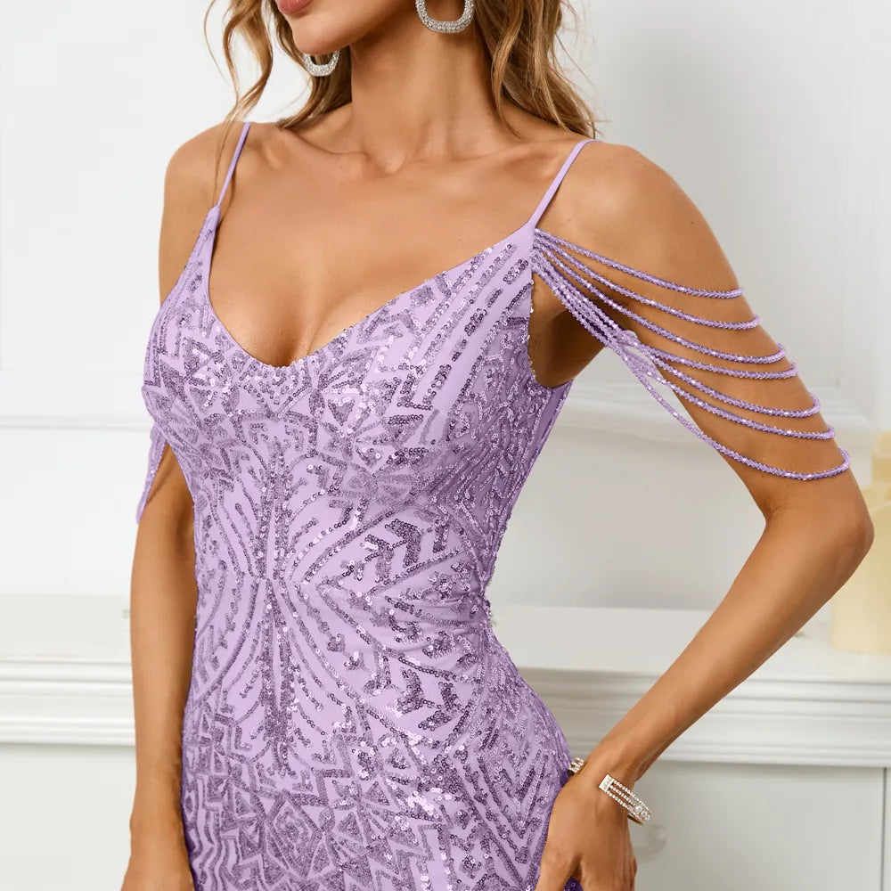Women Pink Sequin Strap Beading Party Maxi Dress Sexy V Neck Evening Long Prom Dress