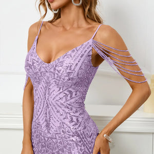 Women Pink Sequin Strap Beading Party Maxi Dress Sexy V Neck Evening Long Prom Dress