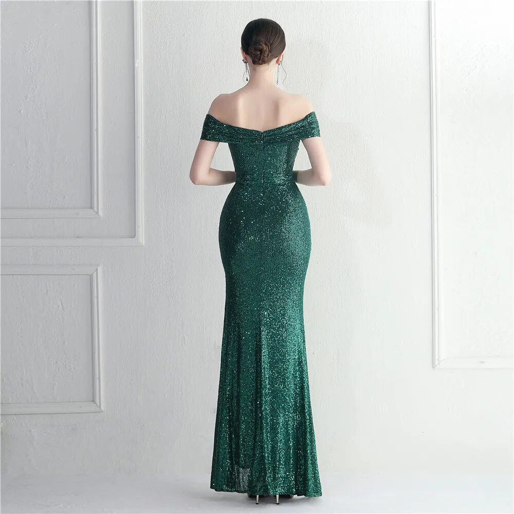 Slash Neck Sexy Slit Long Black Sequin Evening Dresses Luxury Sleeveless Cocktail Party Prom Dress