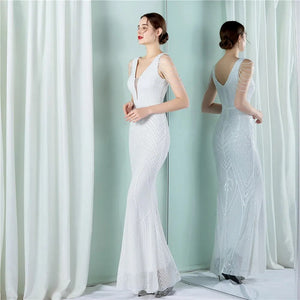 Women White Beading Long Prom Dress Deep V Neck Sequin Evening Sexy Party Maxi Dress
