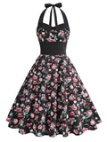 Halter Vintage 50s Swing Casual Dress Floral Print Sleeveless Short Evening Dress Elegant Summer 60s Rockabilly Prom Party Dress