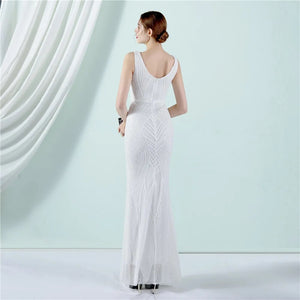 Women Deep V Neck White Sequin Dress Long Prom Evening Dress Sexy Party Maxi Dress