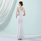 Women Deep V Neck White Sequin Dress Long Prom Evening Dress Sexy Party Maxi Dress