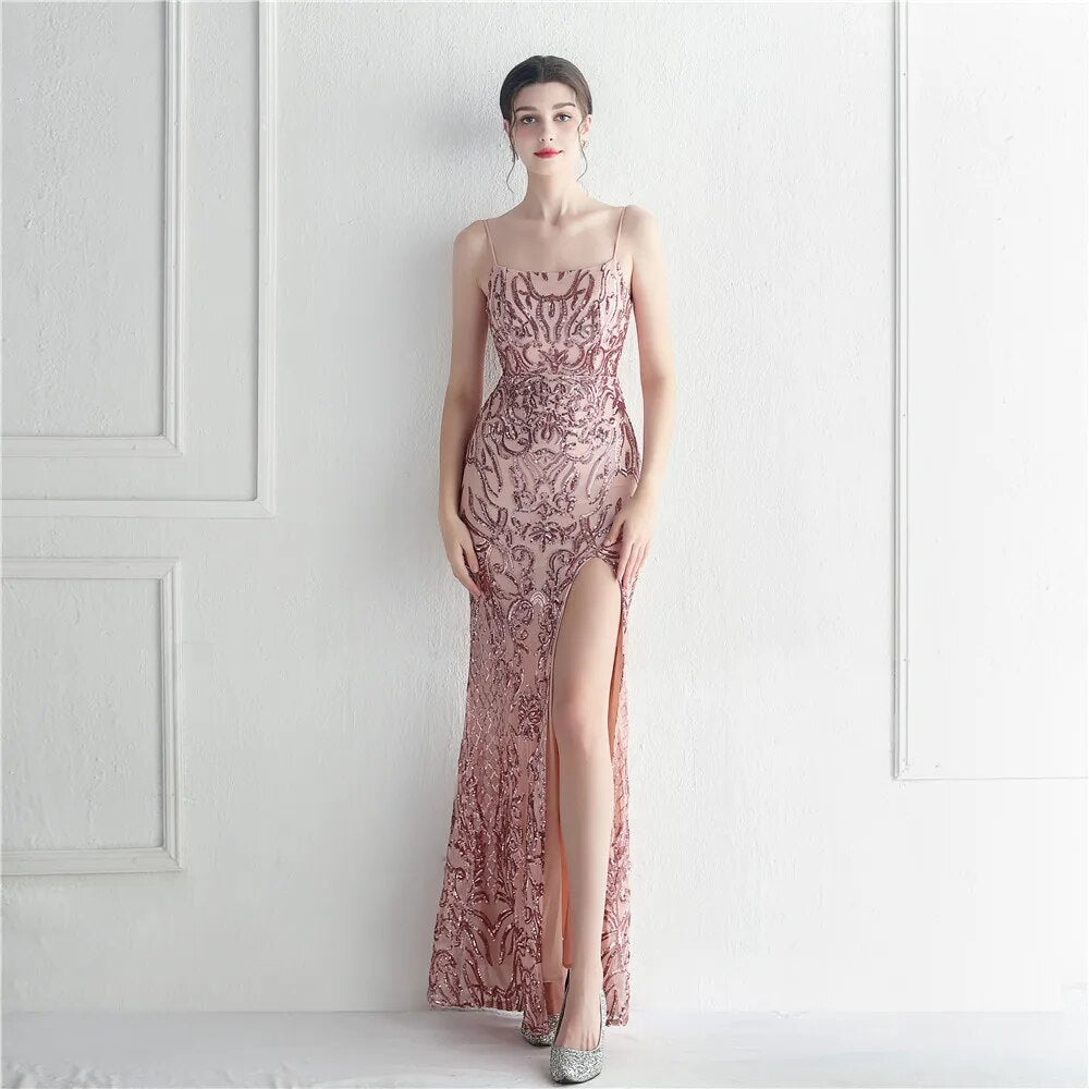 Backless Sexy Slit Long Sequin Evening Luxury Beading Stretch Sleeveless Cocktail Party Prom Dress