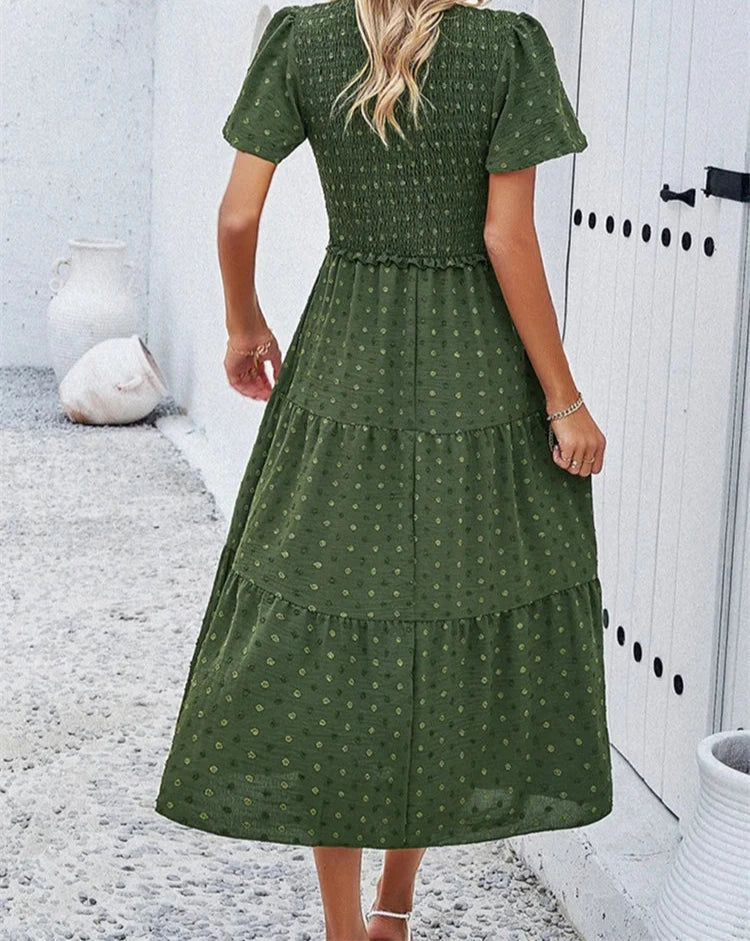 2024 Summer Solid Casual A Line Runway Dress for Women Elegent V Neck Vintage Style Female Office Swing Sundress