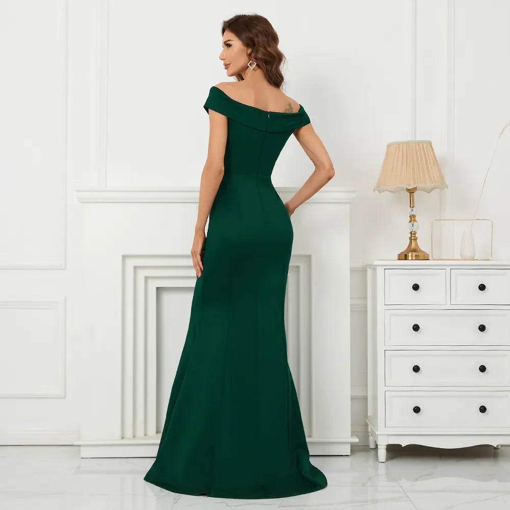 Soft Satin Green Long Evening Elegant Off Shoulder Party Maxi Long Wedding Dress