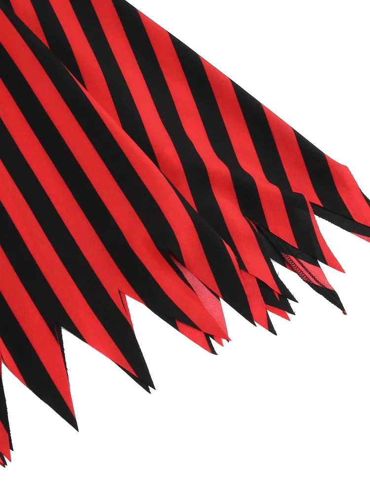 Red and Black Stripes Elastic Waist Gothic Club Clothes Halloween Women Raw Hem Vintage Style A-Line Midi Skirt