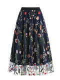 Floral Embroidered Mesh Overlay Lined Long Skirt Elastic Waist Women Elegant Festival Outfit Summer Vintage Skirts