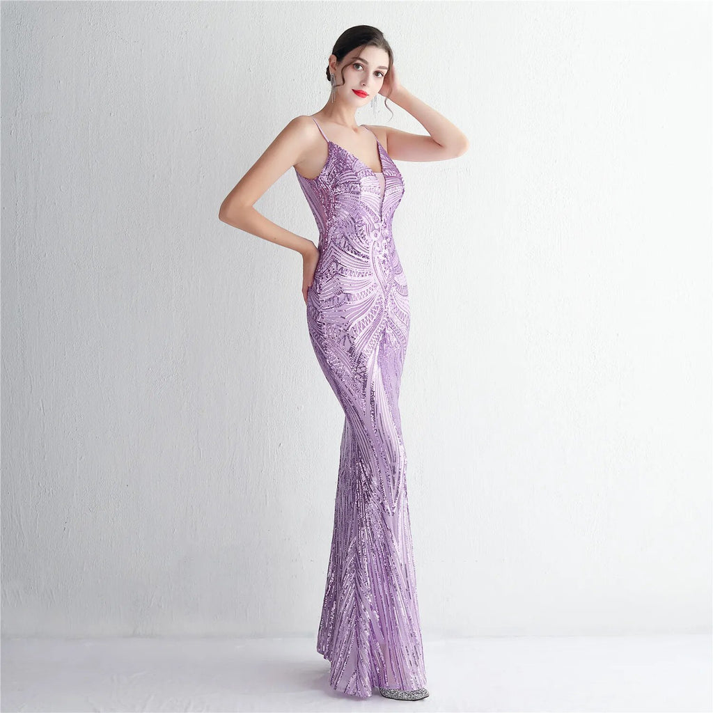 Women Strap Party Maxi Dress Light Green Sexy V Neck Evening Dress Sequin Long Prom Dress
