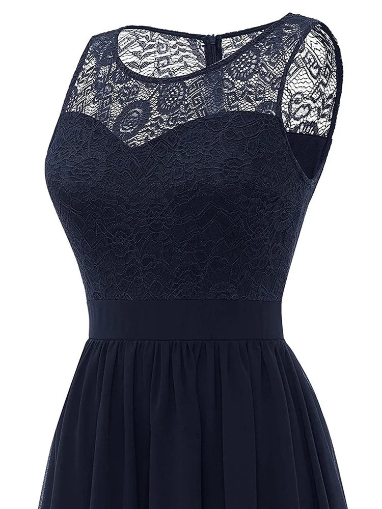 Evening Gowns for Women Elegant Party Lace and Chiffon Pleated Maxi Dress O-Neck Sleeveless Vintage Dresses