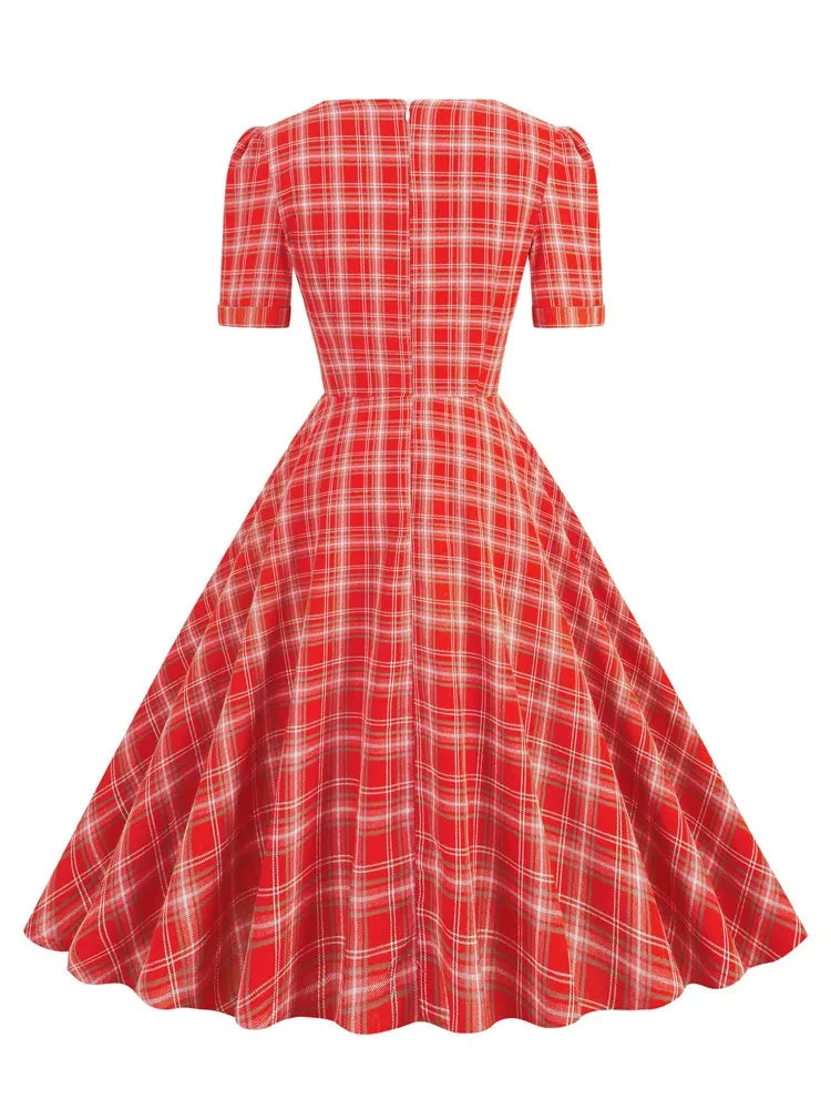 Sweetheart Neck Bow Front High Waist Green Plaid Long Dress Vintage 1950S Women Elegant Evening Formal Swing Dresses