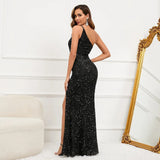 Sexy Slit Feater Black Evening Dress Women Slash Neck Sequin Party Maxi Dress Long Prom Dress