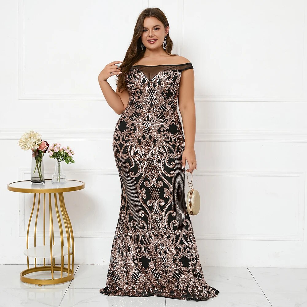 Plus Size Women Elegant Boat Neck Party Maxi Dress Off Shoulder Black Gold Sequin Evening Dress Long Prom Dress