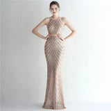 Sexy Gold Sequin Evening Dress Party Maxi Dress With Detachable Chiffon Train Women Beading Long Prom Dress
