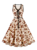 Bow V-Neck Floral Mesh Overlay Vintage Long Dresses Retro Clothes Contrast Binding Sleeveless Women Prom Elegant Dress