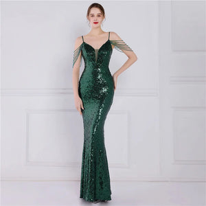 Women Strap Party Maxi Dress Sexy V Neck Beading Evening Dress Celebrity Green Sequin Long Prom Dress