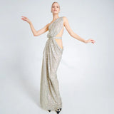 Long Silver Celebrity Women Slash Neck Party Maxi Dress Sexy Sequin Evening Dress