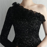 Slash Neck Long Black Sequin Women One Shoulder Party Maxi Sexy Evening Dress