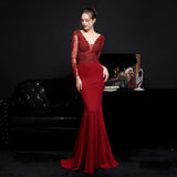 Women Pink Long V-neck Appliques Full Sleeve Evening Dress See through Elegant Party Dress