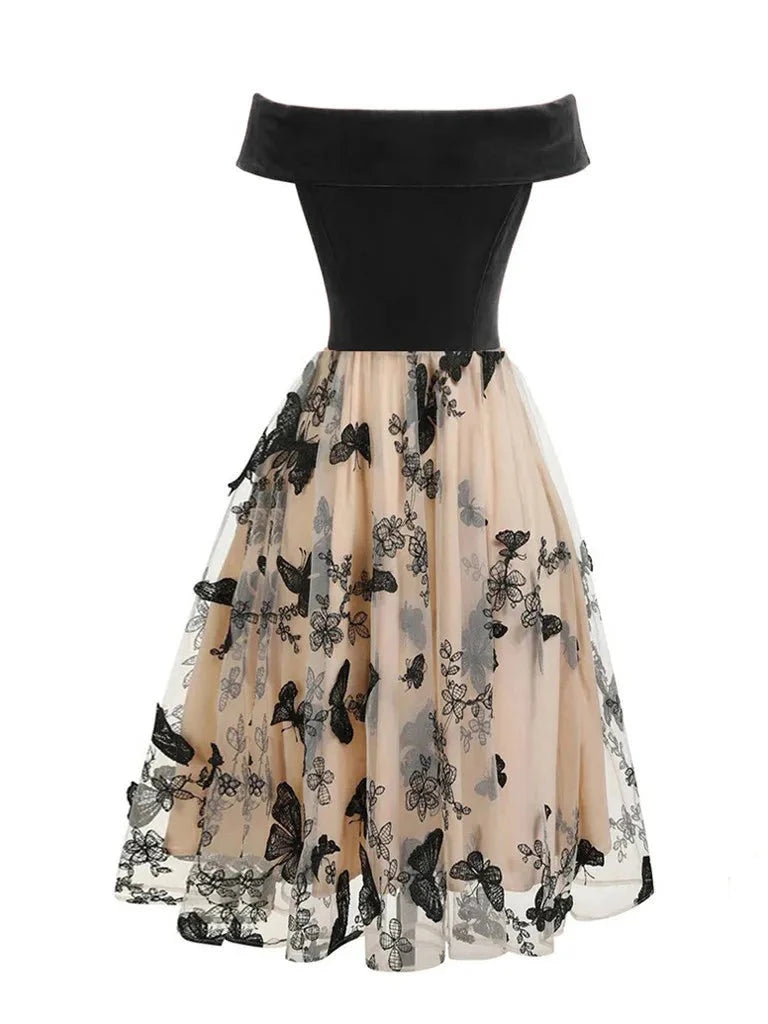 Off Shoulder Sexy Women Midi Dress Velvet Patchwork Butterfly Mesh Banquet Elegant Evening Cocktail Vintage Style Dresses