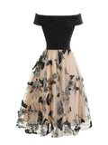 Off Shoulder Sexy Women Midi Dress Velvet Patchwork Butterfly Mesh Banquet Elegant Evening Cocktail Vintage Style Dresses