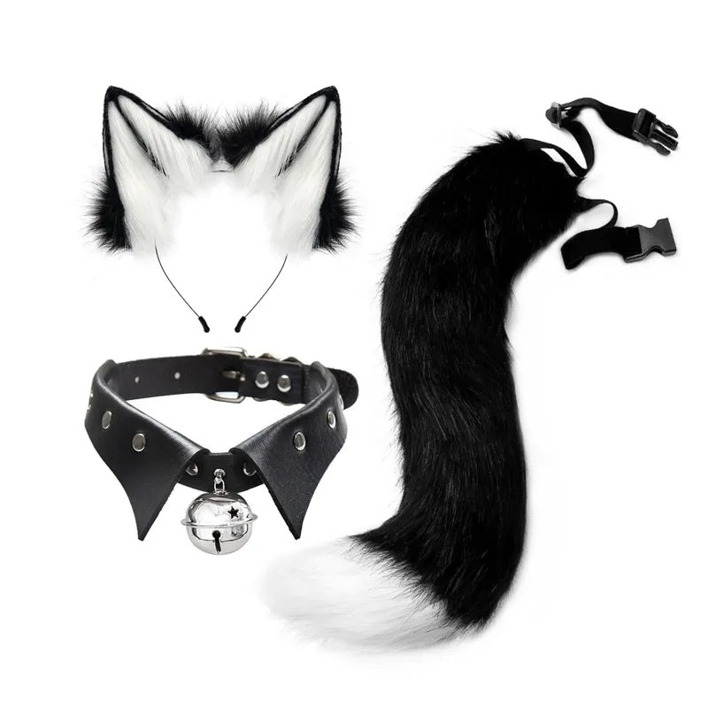 Fluffy Animal Ears Headband Furry Ears Hair Hoop Necklace Tail Set Leather Choker for Halloween Party Fancy Dress