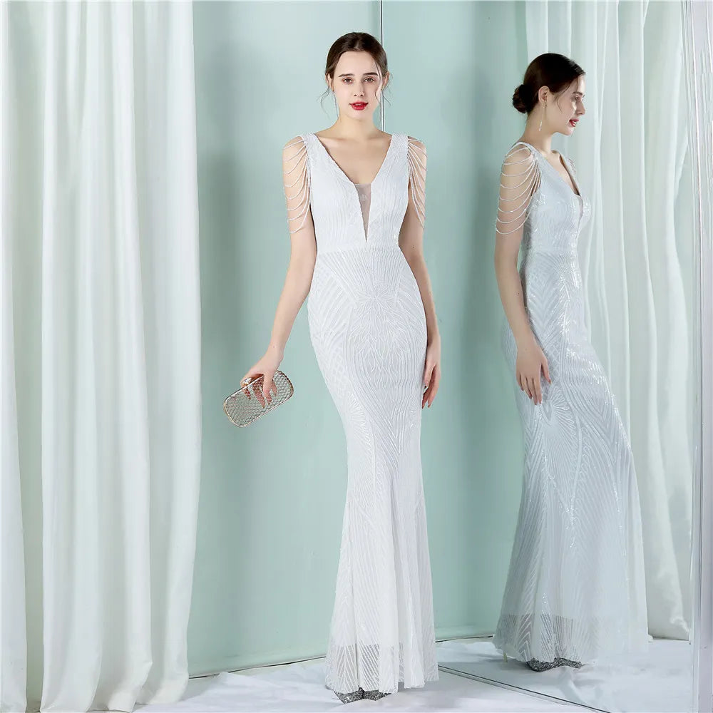 Women Beading Long Prom Dress Deep V Neck Black Sequin Evening Sexy Party Maxi Dress