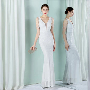 Women White Beading Long Prom Dress Deep V Neck Sequin Evening Sexy Party Maxi Dress