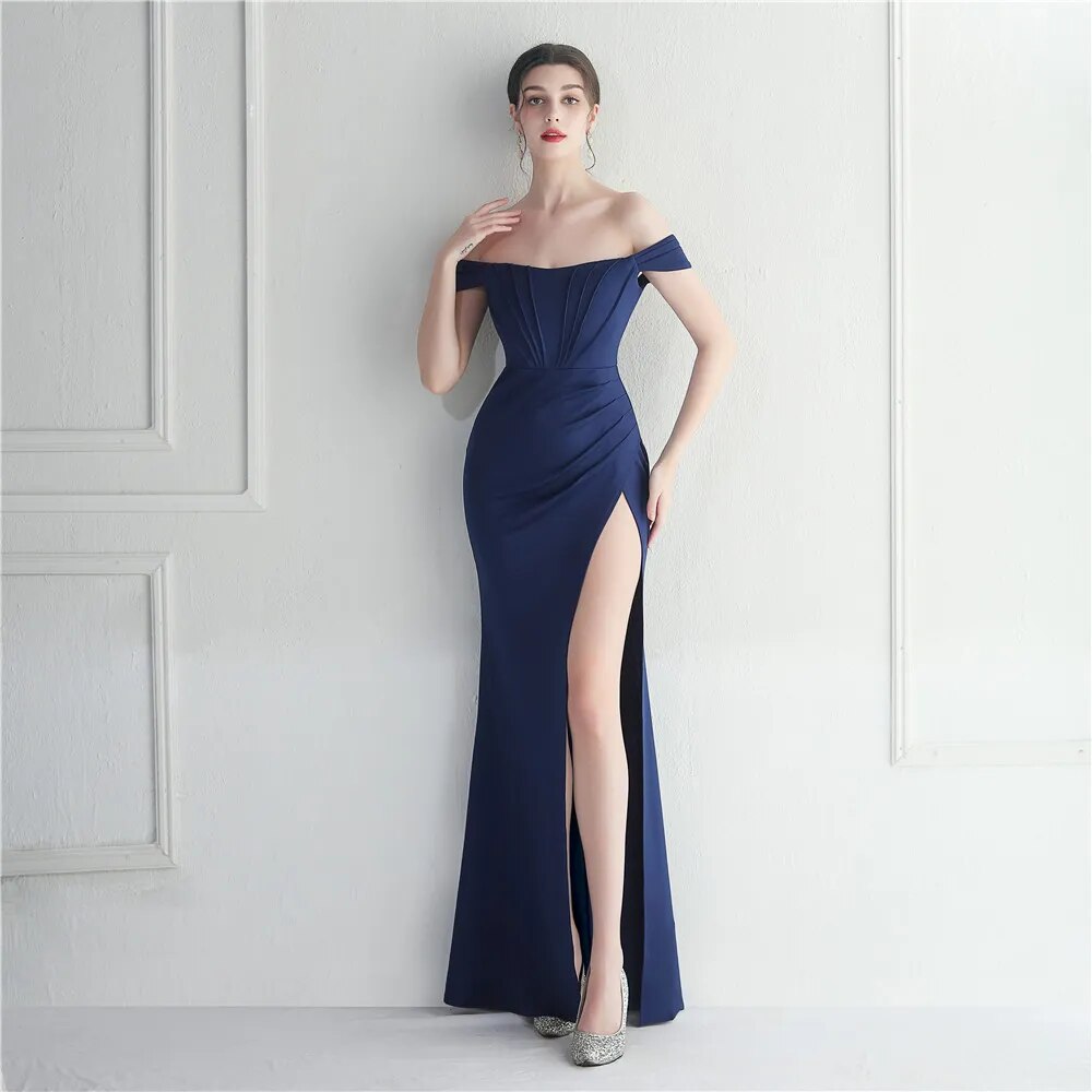 Off Shoulder Slash Nech Maxi Dress Women Sexy Slit Long Prom Evening Dress