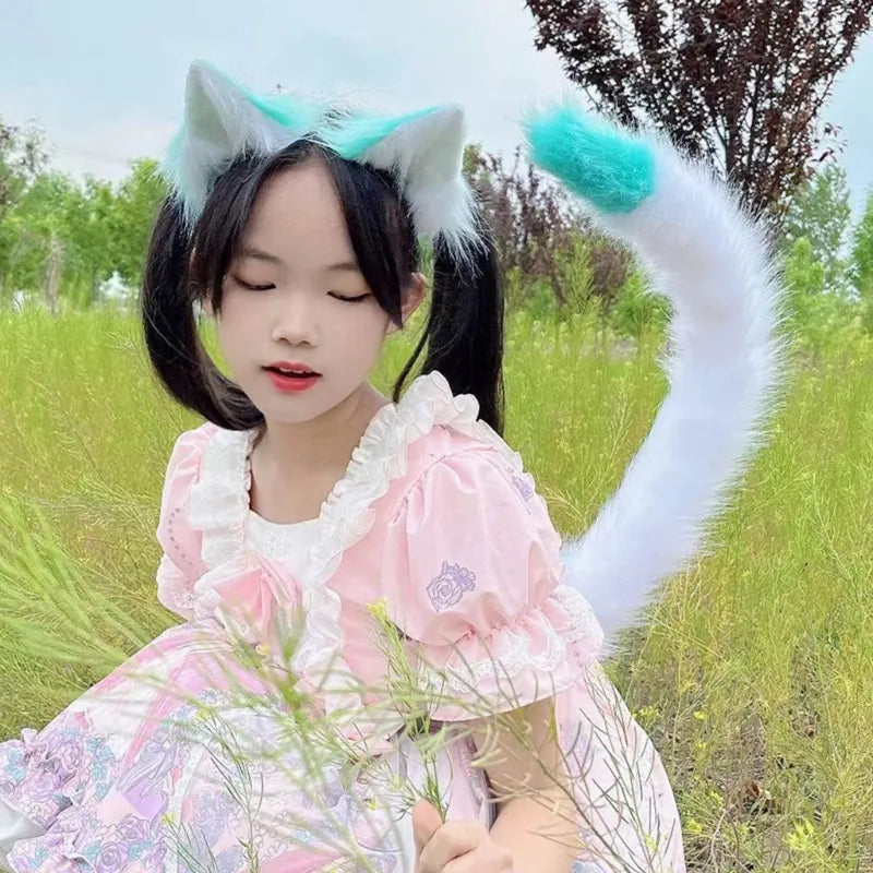 Cartoon Foxes Cat Ear Shape Hair Hoop with Tail Set Performances Hair Holder Cosplay Party Headwear for Teenagers Woman