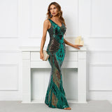 Sexy V Neck Stretch Green Sequin Evening Dress Elegant Sleeveless Party Maxi Dress Long Prom Dress