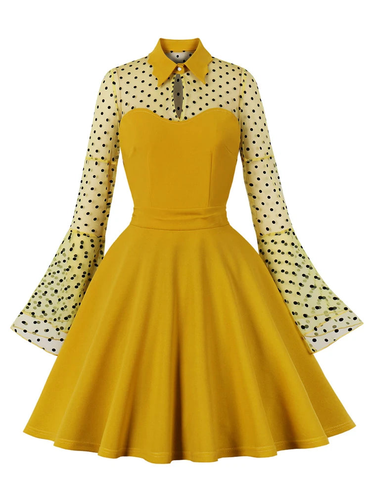 Ginger Elegant Birthday Dress for Women Polka Dot Mesh Flare Sleeve Wi   jetechband