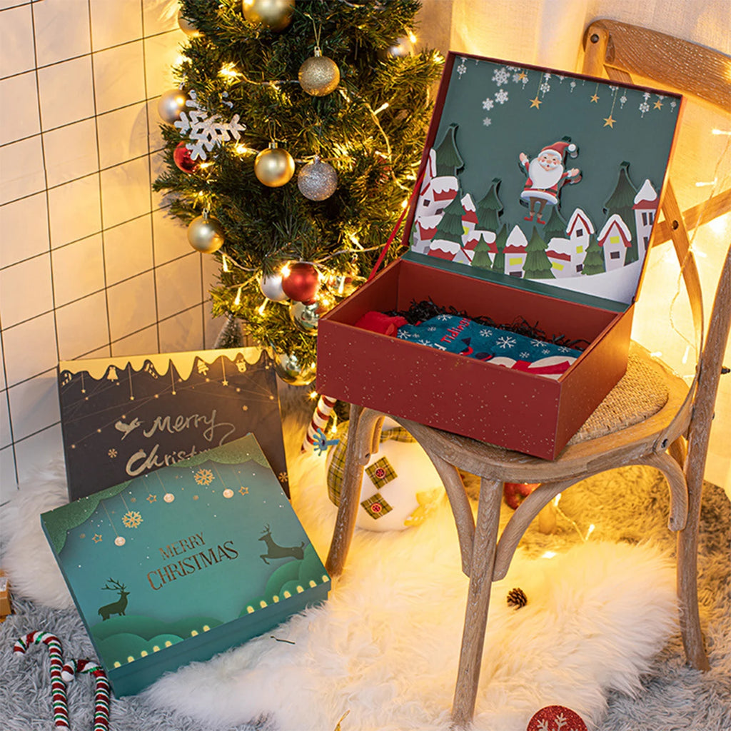 Merry Christmas High-end Flip Gift Box Reusable Home Party Decoration 3D Cardboard Illustration Xmas Exquisite Red Gift Box 1PC