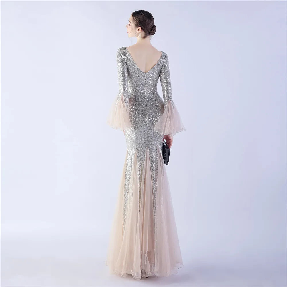 Elegant Long Sleeve Sequin Evening Dress Silver Mesh Party Maxi Dress