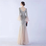 Elegant Long Sleeve Sequin Evening Dress Silver Mesh Party Maxi Dress