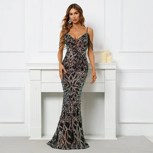 Women Sequin Dress Strap Beading Party Maxi Dress Sexy V Neck Evening Dress Long Prom Dress