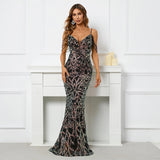Women Sequin Dress Strap Beading Party Maxi Dress Sexy V Neck Evening Dress Long Prom Dress