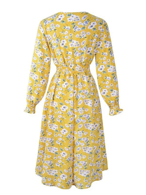 2024 Elegant Casual Floral Print A-Line Party Dress Women Spring Summer Elegant Long Sleeve Elastic Waist Boho Beach Dresses