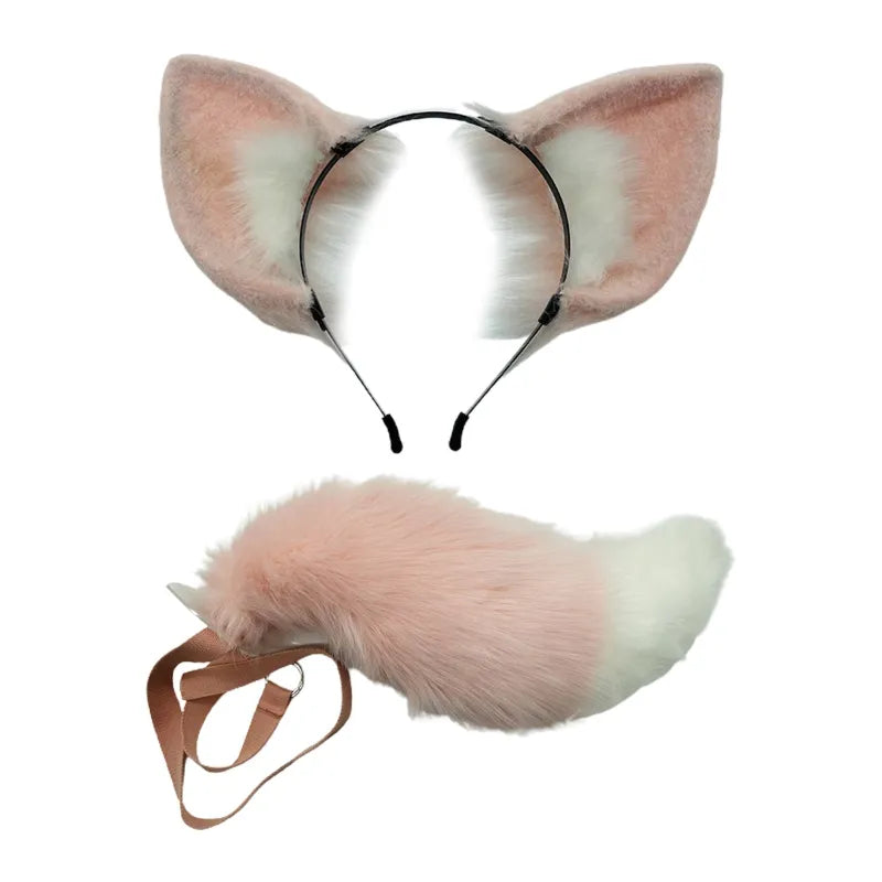 Long Fur Fox Ears Anime Cosplay Headband Hairband with Plush Tail Halloween Cosplay Party Costume for Kids Anime Lover