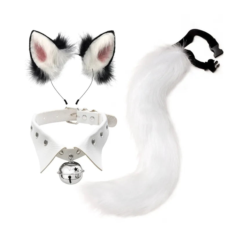 Fluffy Animal Ears Headband Furry Ears Hair Hoop Necklace Tail Set Leather Choker for Halloween Party Fancy Dress