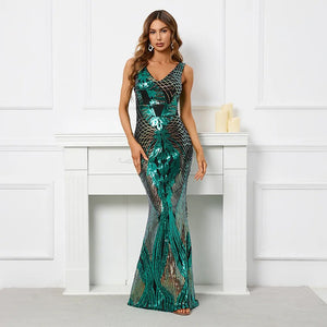 Sexy V Neck Stretch Green Sequin Evening Dress Elegant Sleeveless Party Maxi Dress Long Prom Dress