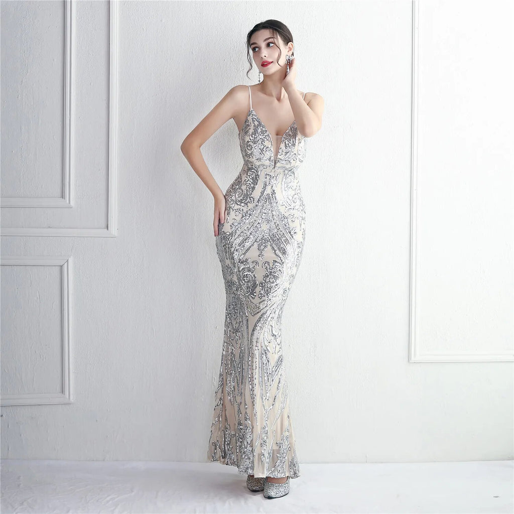 Women Green Sequin Dress Strap Party Maxi Dress Sexy V Neck Evening Long Prom Dress