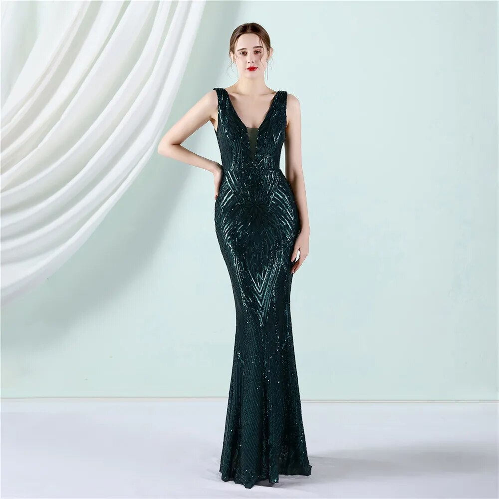 Women Deep V Neck White Sequin Dress Long Prom Evening Dress Sexy Party Maxi Dress