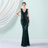 Women Deep V Neck White Sequin Dress Long Prom Evening Dress Sexy Party Maxi Dress