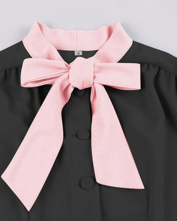 2024 Elegant Casual Vintage Swing Women's Dress with Bow Neck Office A Line Single Breasted Button Runway 50s 60s Party Dresses