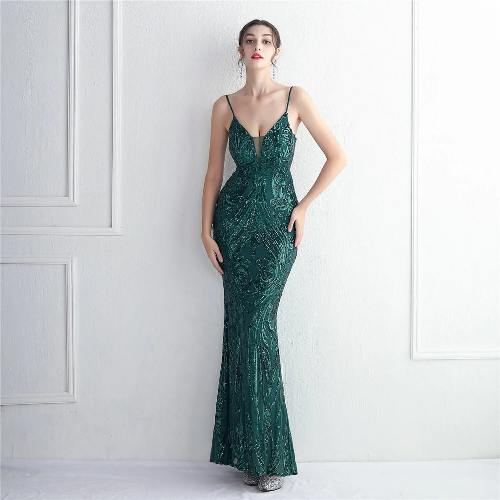 Women Green Sequin Dress Strap Party Maxi Dress Sexy V Neck Evening Long Prom Dress
