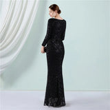 Stretch Black Sequin Maxi Dress Full Sleeve V Neck Mermaid Stripes Evening Night Long Party Dress