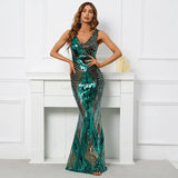 Sexy V Neck Stretch Sequin Evening Dress Elegant Sleeveless Party Maxi Dress Long Prom Dress