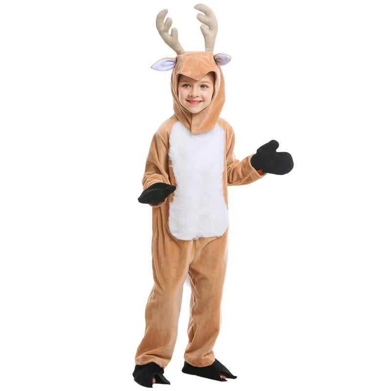 Children's Reindeer Cosplay Costume, One-piece Suit with Hat, Suitable for Halloween and Christmas Stage Performances